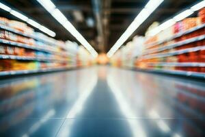 Interior of a supermarket store aisle with an abstract blurred backdrop AI Generated photo