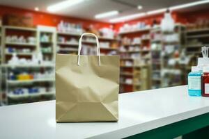 Healthcare products in a drugstore, paper bag on the counter AI Generated photo