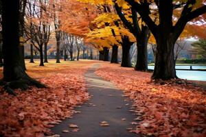 Maple leaves gracefully blanket the park path in vibrant autumn hues AI Generated photo