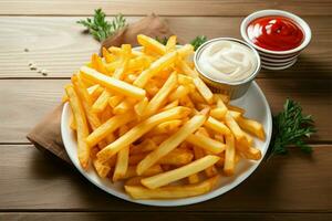 Golden French fries served with creamy sour cream and tangy ketchup AI Generated photo