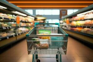 tienda de comestibles Tienda ajuste con un vacante compras carro en el antecedentes ai generado foto