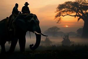 Elephant ride with mahout under a tree during the early dawn AI Generated photo