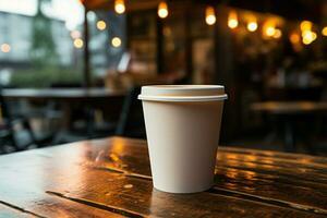 en un tranquilo café comercio, un solitario taza de caliente café ai generado foto