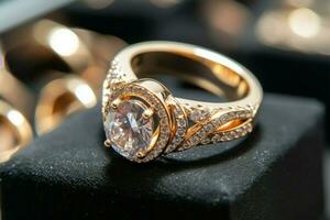 Luxurious diamond rings and gold jewelry on display in a store AI Generated photo