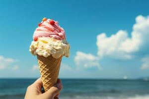 Grasping an ice cream cone with the vibrant blue sky above AI Generated photo