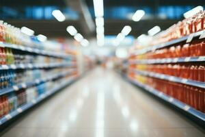 Interior of a supermarket store aisle with an abstract blurred backdrop AI Generated photo