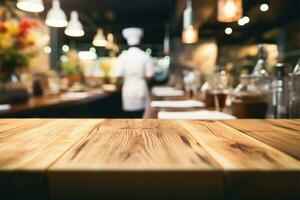 Restaurant kitchen hustle behind an empty wood table in defocused view AI Generated photo