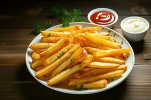 Fried potato sticks with tangy ketchup and creamy sour cream AI Generated photo