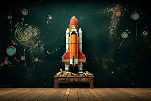 Grunge chalkboard backdrop with chalk drawn retro rocket for product presentation AI Generated photo