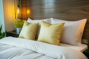 hotel dormitorios acogedor almohada decoración agrega comodidad a el cama ai generado foto