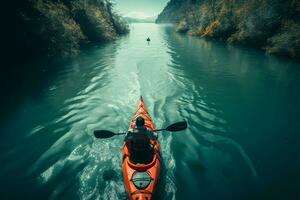 explorador el ríos belleza mientras kayak río abajo en un emocionante aventuras ai generado foto