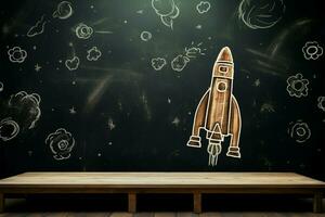 Grunge chalkboard with chalk drawn rocket, ideal for educational product showcases AI Generated photo