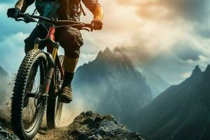 Exploring rugged terrains on a mountain bike, embodying adventurous spirit AI Generated photo