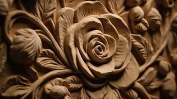 Generative AI, antique sculpture flowers made of clay, muted neutral colors, 3d style ceramic statue photo