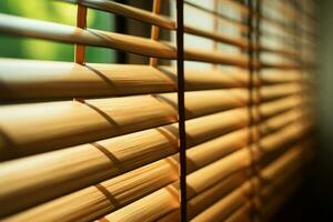 Close up Bamboo, venetian, and chick blinds create soft focused elegance AI Generated photo