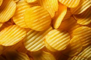 Closeup top view of crispy potato chips creating a textured background AI Generated photo