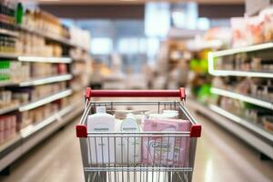 Cosmetic healthcare product aisle, with an empty shopping cart in background AI Generated photo