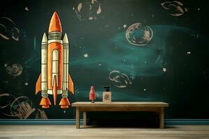 Chalk style retro rocket on grunge chalkboard, ideal for educational concepts AI Generated photo