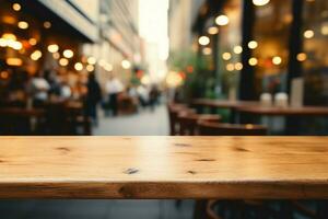 café tiendas bullicioso difuminar detrás un rústico de madera mesa ajuste ai generado foto