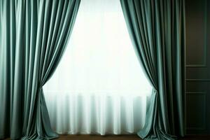 de cerca de cortinas adornando un vacío habitaciones ventana, un atractivo interior ai generado foto