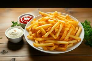 clásico papas fritas acompañado por lados de agrio crema y salsa de tomate ai generado foto