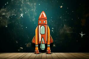 Chalk style retro rocket on grunge chalkboard, ideal for educational concepts AI Generated photo