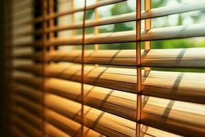 Close up Bamboo, venetian, and chick blinds create soft focused elegance AI Generated photo