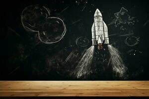 Grunge chalkboard with chalk drawn rocket, ideal for educational product showcases AI Generated photo
