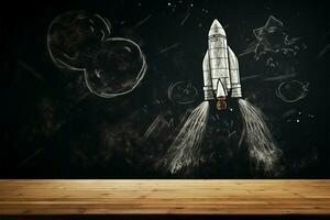 Grunge chalkboard with chalk drawn rocket, ideal for educational product showcases AI Generated photo