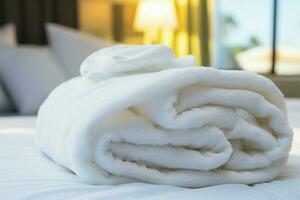 Crisp white towel, thoughtfully placed on a plush resort bed AI Generated photo