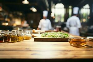 Chefs artistry in the kitchen, wood table defocused in the backdrop AI Generated photo