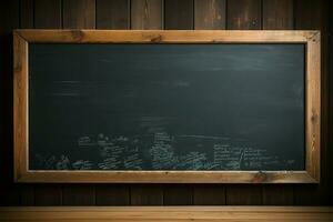 Chalkboard affixed to a rustic wooden wall, a classic educational element AI Generated photo