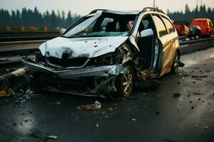 Car damaged in a highway accident, wreckage on the road AI Generated photo