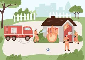Brigade team of firemen putting out fire in a house. Saving life of a child by figherfighter. Flat cartoon vector illustration. Fire extinguisher.