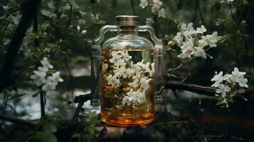 Generative AI, Essential oil extraction with distillery machine with jasmine white flowers photo