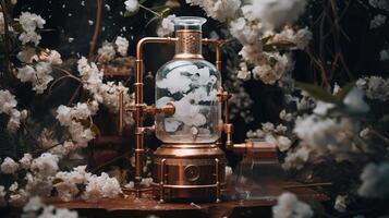 Generative AI, Essential oil extraction with distillery machine with jasmine white flowers photo