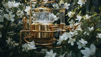 Generative AI, Essential oil extraction with distillery machine with jasmine white flowers photo