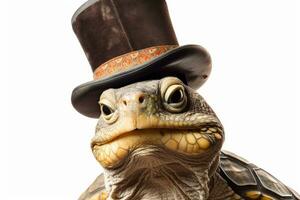 Photo of a turtle sporting a monocle and top hat with a white background. Generative AI