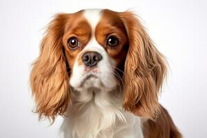 foto de un dulce caballero Rey Charles spaniel con conmovedor ojos en un limpiar blanco fondo. generativo ai