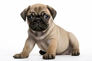 Photo of an adorable Pug puppy with wrinkled skin sitting on a pure white surface. Generative AI