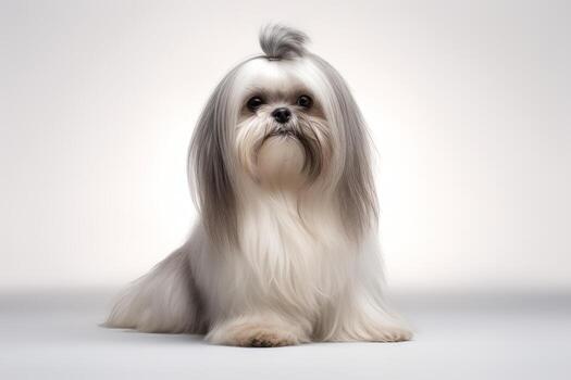 Photo of a sweet Shih Tzu with its long, silky coat against a clean white surface. Generative AI