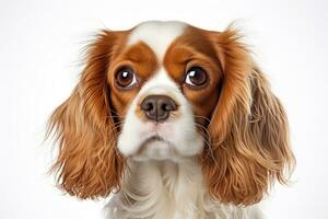 Photo of a sweet Cavalier King Charles Spaniel with soulful eyes on a clean white backdrop. Generative AI