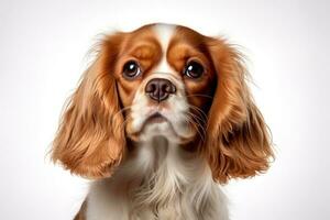 Photo of a sweet Cavalier King Charles Spaniel with soulful eyes on a clean white backdrop. Generative AI