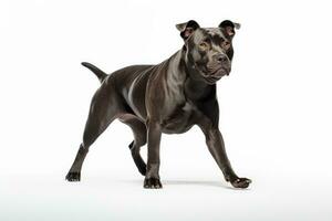 Photo of a spirited Staffordshire Bull Terrier in a dynamic stance on a spotless white background. Generative AI