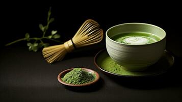 Generative AI, Green matcha tea powder and drink, muted neutral colors. Traditional Japanese tea photo