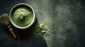 Generative AI, Green matcha tea powder and drink, muted neutral colors. Traditional Japanese tea photo
