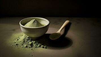 Generative AI, Green matcha tea powder and drink, muted neutral colors. Traditional Japanese tea photo