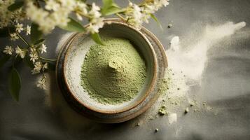 Generative AI, Green matcha tea powder and drink, muted neutral colors. Traditional Japanese tea photo