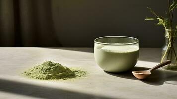 Generative AI, Green matcha tea powder and drink, muted neutral colors. Traditional Japanese tea photo