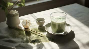 Generative AI, Green matcha tea powder and drink, muted neutral colors. Traditional Japanese tea photo